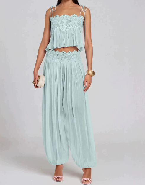 Women Long Pant Set Square Nec - Lace Trim Cami recension och pris